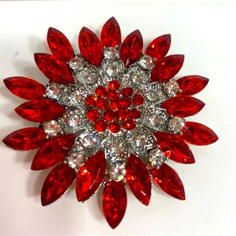 Large Red and white Rhinestone Brooch Pin or necklace pendant